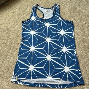 Bloom blue and white patterned racer back tank top size medium.